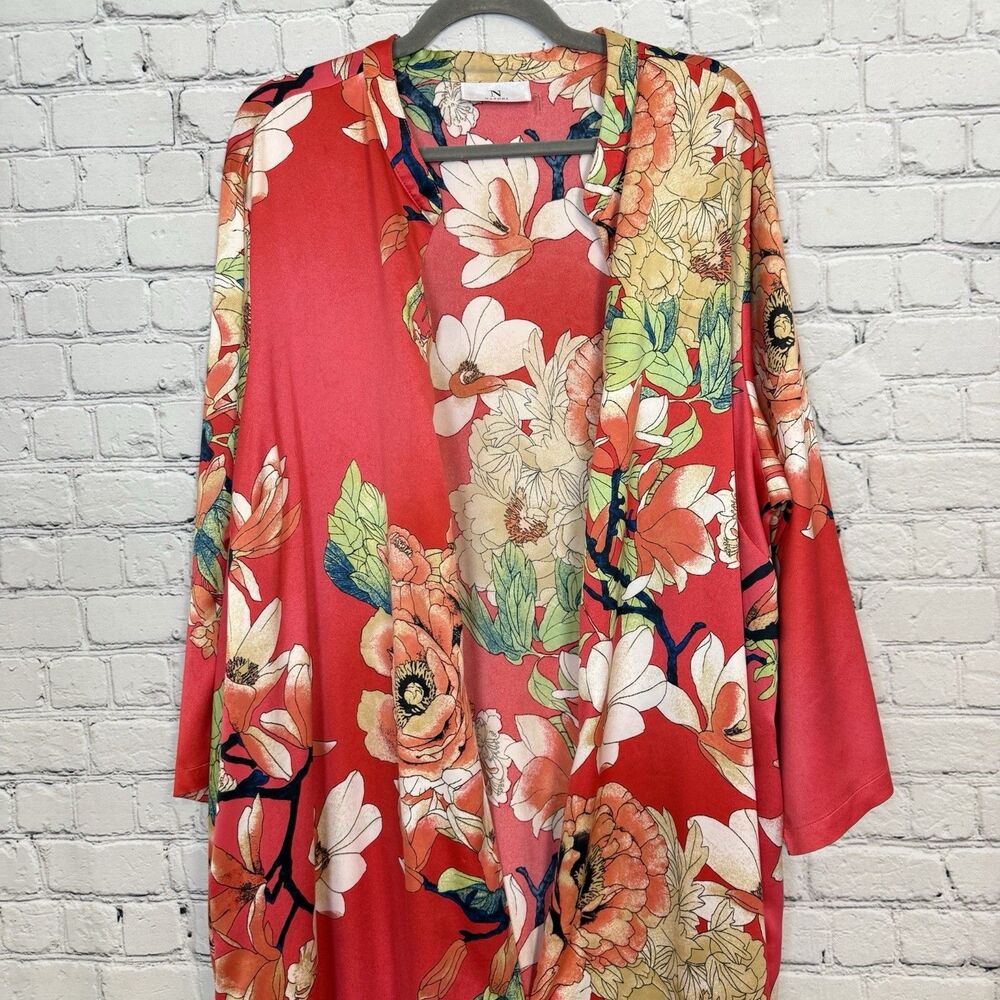 Natori Enchanted Lotus Satin Zip Caftan Women Plus 2X Boho Resort Art To Wear - Picture 15 of 16